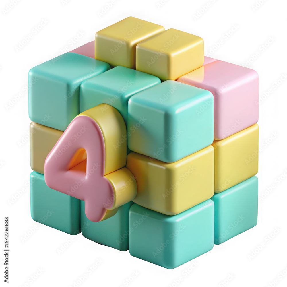 Fototapeta premium 3d pastel cube number four isolated on transparent background