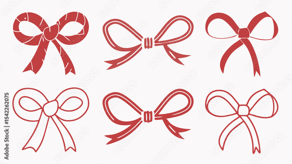 Collection of six red decorative bows with varying designs on a white background arranged in two rows Collection of six red decorative bows with varying designs on a white background arranged in two rows