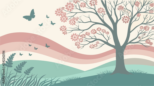 Illustration of a tree with blossoms and butterflies over rolling hills and pastel stripes in soft colors