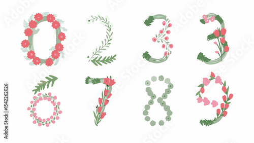 Floral numbers zero through nine with watercolor style flowers and leaves on a white background art
