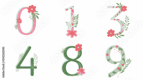 Floral decorated numbers from zero to nine in pastel colors with flower and leaf accents design