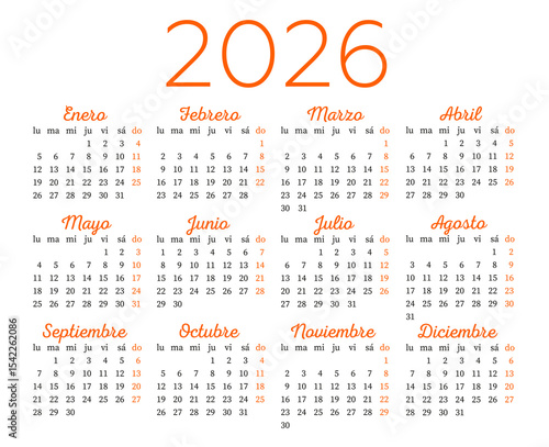 Spanish calendar template for the year 2026. Week starts on Monday.