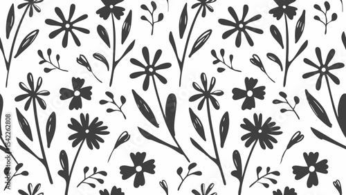 Seamless pattern of stylized flowers with stems and leaves in black on a white background design element