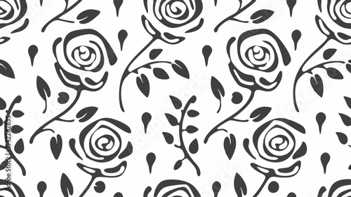 Seamless pattern featuring stylized roses with stems leaves and scattered teardrop shapes in a monochrome design
