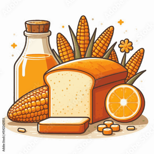 Still life with bread loaf bottle of oil corn cobs orange slice and stylized flower all in a cartoonlike style