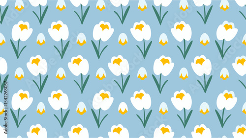 Seamless pattern of white tulips with yellow centers and small eggs on a light blue background design art