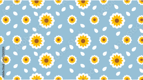Seamless pattern with yellow sunflowers and white petal shapes on a light blue background design element