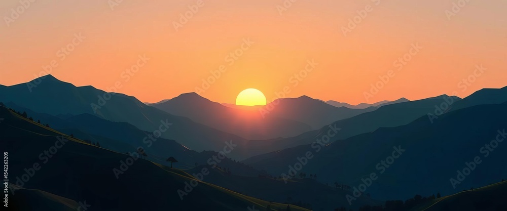 Obraz premium Low-poly summer landscape, sun rising over polygonal mountains and hills, polygonal art, mountains