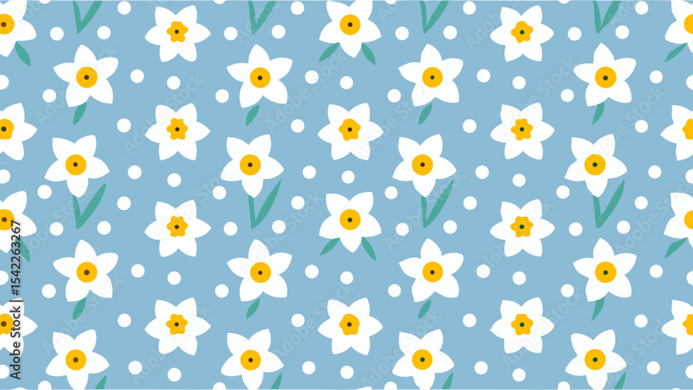 Obraz premium Seamless pattern of white daffodils with yellow centers and green stems on a light blue background with dots