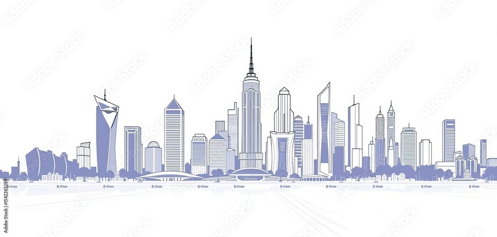 Obraz premium Futuristic city skyline outline, black lines on white, vector illustration, skyline, graphic design