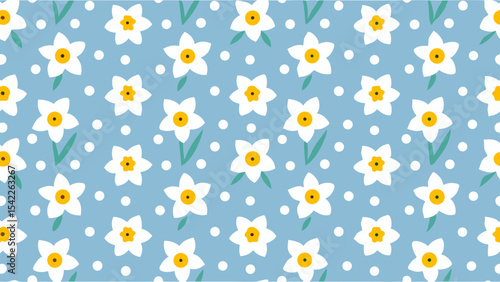 Seamless pattern of white daffodils with yellow centers and green stems on a light blue background with dots