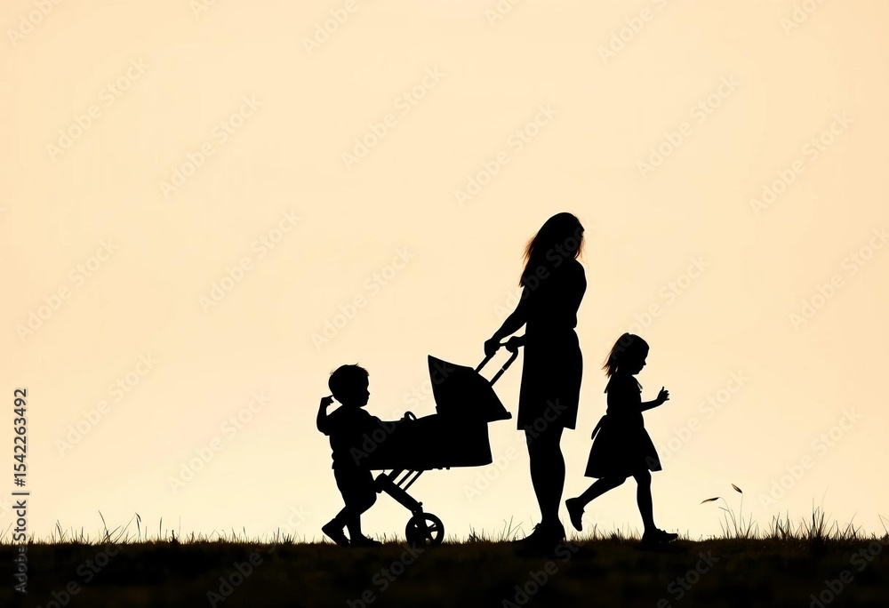 Minimalist silhouette of family strolling with pram, enjoying outdoor time, lifestyle, unity Minimalist silhouette of family strolling with pram, enjoying outdoor time, lifestyle, unity