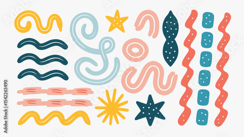 Collection of abstract shapes including waves, stars, and squiggles in various colors and orientations