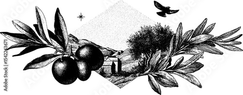 Vintage herbal apothecary vignette with nature and olive tree in engraving style