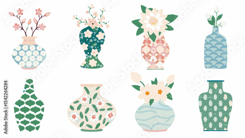 Collection of eight decorative vases with various floral arrangements and patterns on a white background