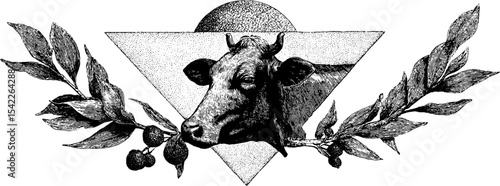 Vintage cow with laurel border in engraving style for ornamental design