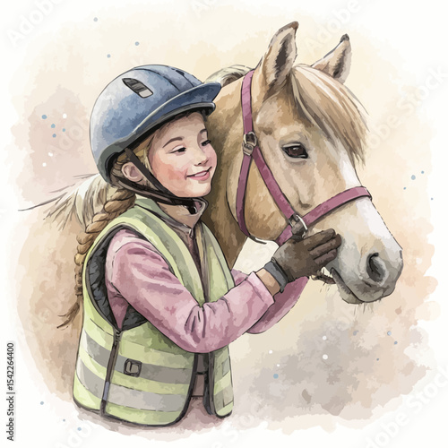 Tender portrait of girl with pony in watercolor and charcoal style
