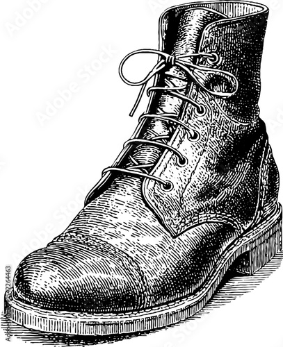 Vintage leather boot in engraving style with pencil detailing for retro design