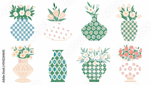 Assortment of vases with floral arrangements in various colors and patterns displayed on a white background