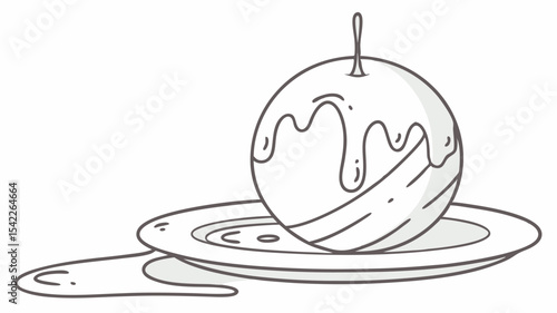 Illustration of a caramel apple with dripping caramel on a plate, outlined in black and white style