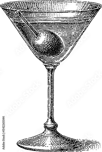 Vintage martini glass with olive engraving design for classic cocktail themes
