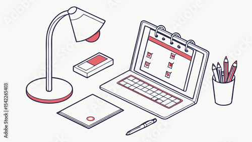 Isometric view of desk with laptop showing calendar, lamp, pencils, and other office supplies present