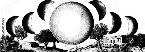 Vintage moon phases and starry night border in engraving style for artistic design