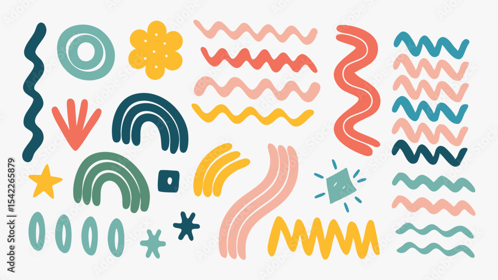 Collection of hand drawn colorful abstract shapes including waves circles rainbows and stars on white backdrop Collection of hand drawn colorful abstract shapes including waves circles rainbows and stars on white backdrop