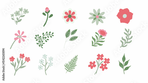 Botanical illustration featuring a variety of stylized flowers and leaves in pastel shades on a white background