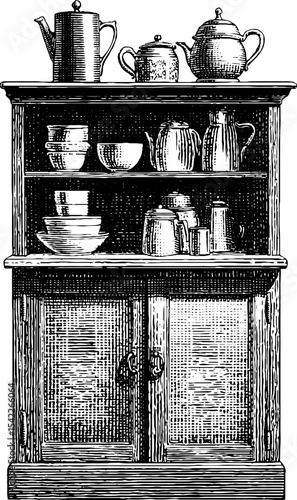 Vintage engraving style of old kitchen cupboard with crockery and metalware