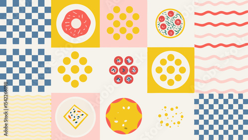 Arrangement of checkered patterns, circles, waves, and food items in a grid format design
