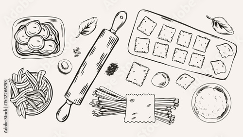 Illustration of pasta dishes, crackers, rolling pin, and ingredients on a light background surface