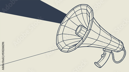 Illustration of a wireframe megaphone with a dark shadow and light background in a simple style