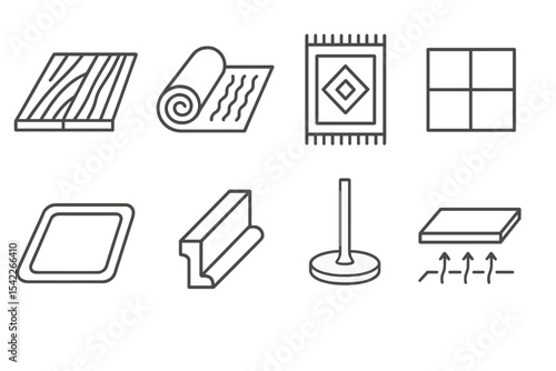 Floor Covering Icons. Line style icons of floors and coverings: wooden floor, carpet, rug, floor tile. floor mat, skirting board,