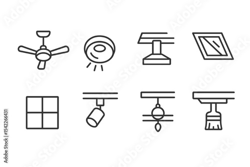 Ceiling Design Icons. Line style icons of ceiling design: ceiling fan, recessed light, beam, skylight. ceiling tile, track light,