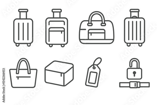 Luggage Line Icons. Line style icons of luggage types: carry-on, checked bag, duffel bag, rolling suitcase. travel tote, packing