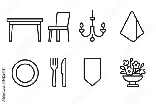 Dining Room Icons. Line style icons of dining room items: dining table, dining chair, chandelier, napkin. plate set, cutlery,