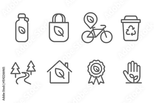 Eco Travel Icons. Line style icons of eco travel: reusable bottle, eco bag, bike rental, recycle bin. nature trail, eco lodge, eco