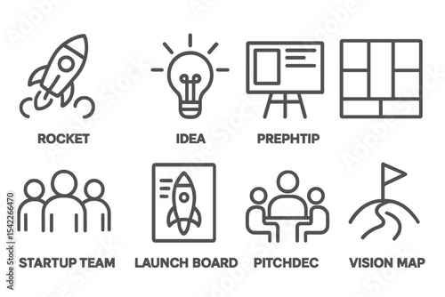 Startup Icons Set. Line style icons of startup business: rocket icon, idea bulb, business model canvas, pitch deck. startup team,