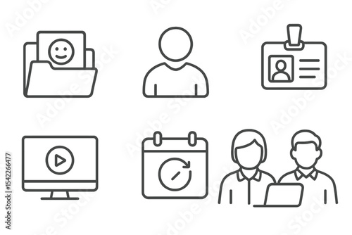 Employee Onboarding Icons. Line style icons of employee onboarding: welcome folder, new hire icon, training guide, badge issue.