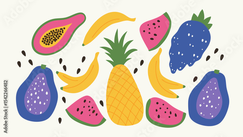 Assortment of tropical fruits including pineapple banana watermelon papaya and other fruits displayed