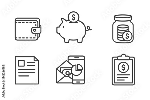 Personal Finance Icons. Line style icons of personal finance: wallet, piggy bank, coin stack, savings jar. budget sheet, money