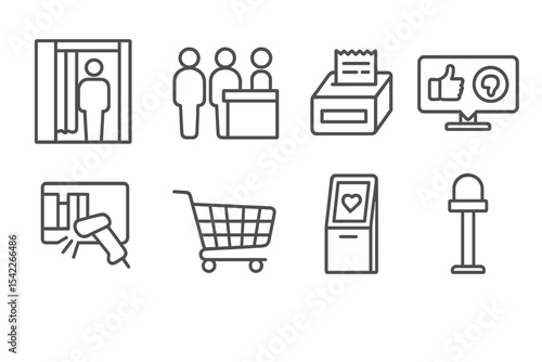 In-Store Icon Set. Line style icons of in-store experience: try-on room, shopping queue, receipt printer, feedback screen. shelf