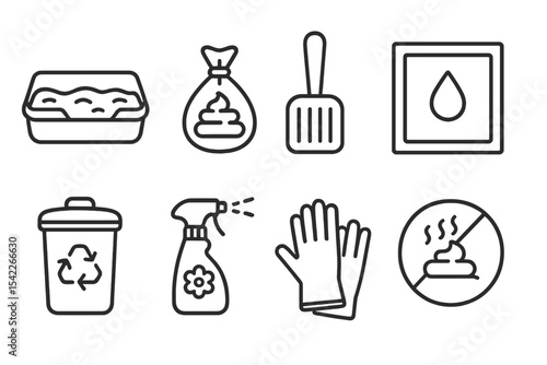 Pet Hygiene Icons. Line style icons of pet hygiene: litter box, poop bag, scooper, pee pad. waste bin, deodorizer spray, cleaning