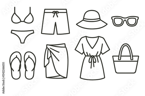 Beach Fashion Icons. Line style icons of beach fashion: bikini, board shorts, beach hat, sunglasses. flip flops, sarong, cover-up,