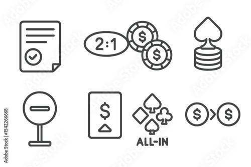Line Style Betting Icons. Line style icons of betting and stakes: bet slip, betting odds, betting tokens, high stakes. limit sign,