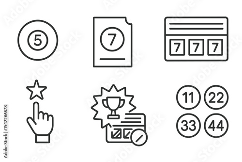 Lottery Icons Collection. Line style icons of lottery and scratch: lottery ball, numbered ticket, scratch card, winning numbers.