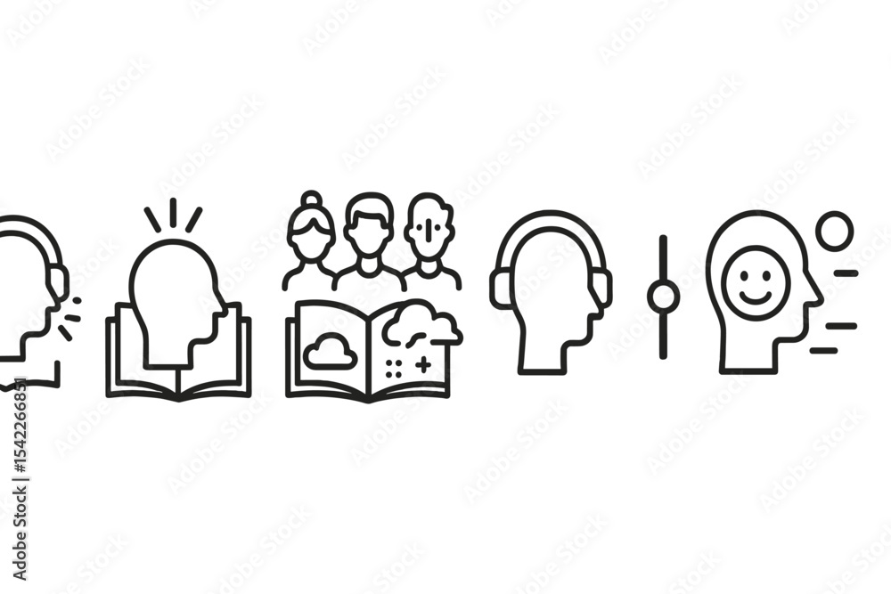Audiobook Narration Icons. Line style icons of audiobook narration styles: calm tone, dramatic voice, multi-character, background Audiobook Narration Icons. Line style icons of audiobook narration styles: calm tone, dramatic voice, multi-character, background