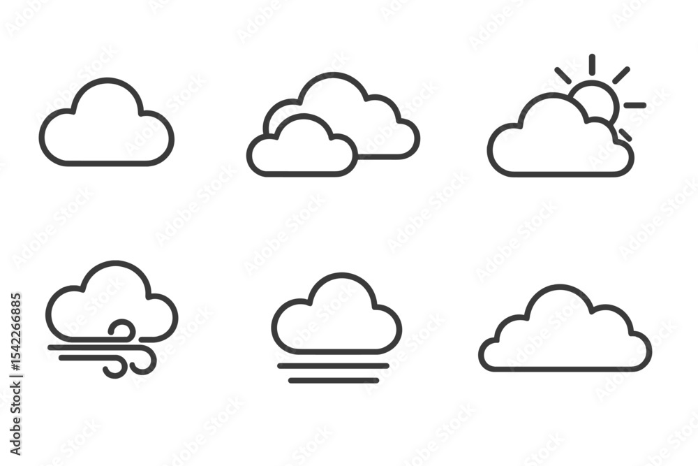 Cloudy Weather Icons. Line style icons of cloudy weather: cloud icon, broken clouds, overcast sky, partial sun. cloud with wind, Cloudy Weather Icons. Line style icons of cloudy weather: cloud icon, broken clouds, overcast sky, partial sun. cloud with wind,