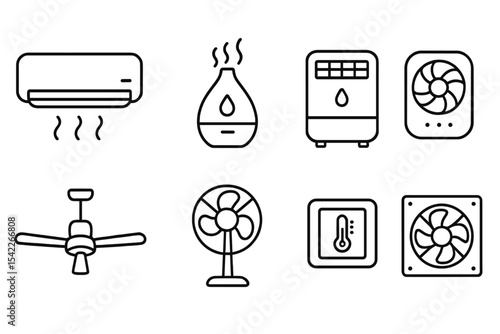 Air Control Icon Set. Line style icons of air control devices: air conditioner, humidifier, dehumidifier, air purifier. ceiling